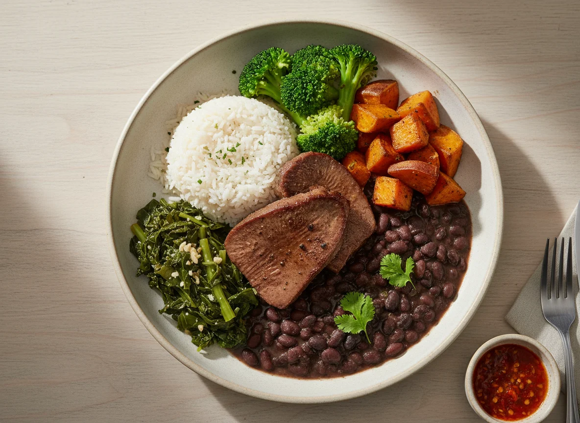 A balanced plate with vegetables, whole grains and a small portion of beans